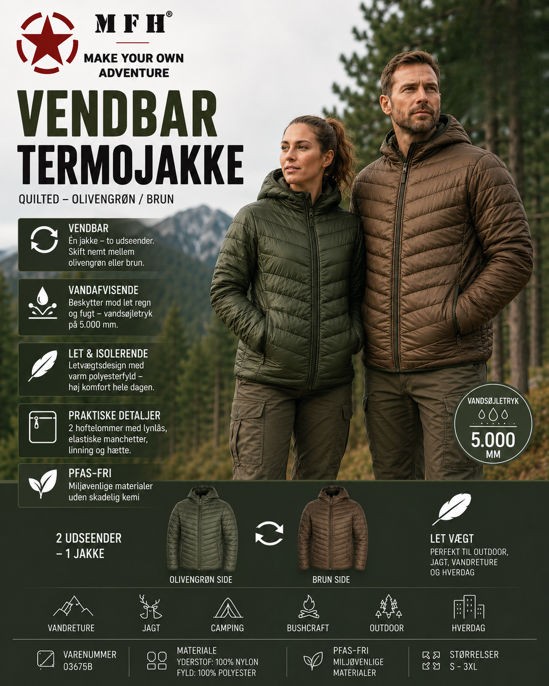 Termojakke, vendbar, quiltet, olivengrøn/brun