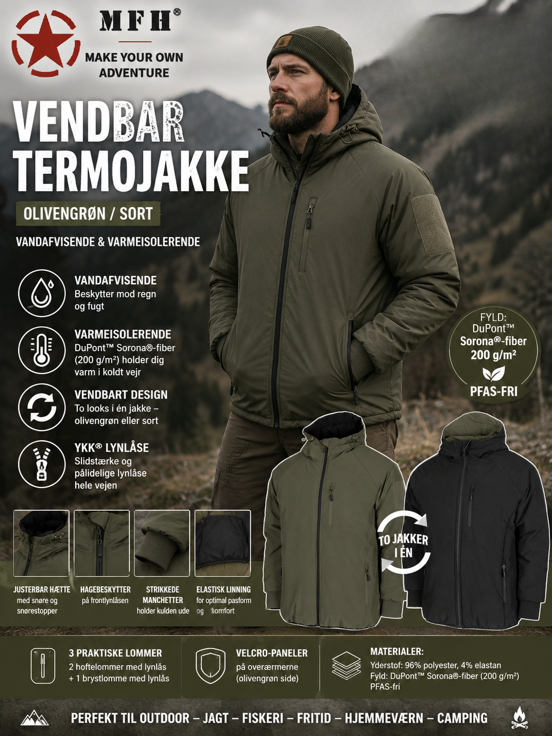Termojakke, vendbar, olivengrøn/sort