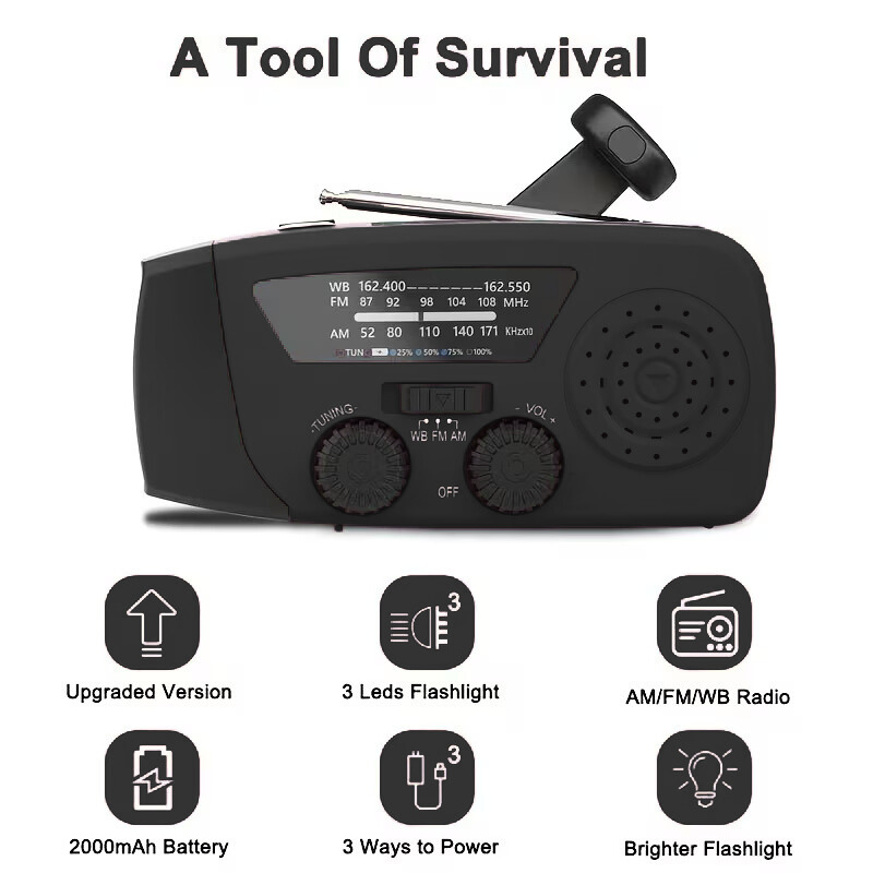 Nødradio med Håndsving, Solcelle Sort